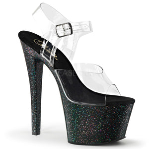 Pleaser SKY-308MG Exotic Dancing, Ankle Strap Stiletto 7" Heel Platform Sandal. Clear/Black-Glitter