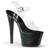 Pleaser SKY-308MG Exotic Dancing, Ankle Strap Stiletto 7" Heel Platform Sandal. Clear/Black-Glitter