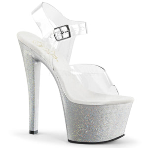 Pleaser SKY-308MG Exotic Dancing, Ankle Strap Stiletto 7" Heel Platform Sandal. Clear/Silver-Glitter