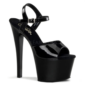 Pleaser Sky-309 Exotic Pole Dancing Shoes, Ankle Strap 7" Heel Platform Sandal. Black/Patent/Black
