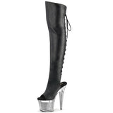 Pleaser SPECTATOR-3019 Women's 7" Stiletto Heel Platform Thigh High Boot. Blk/Faux/Sil