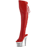 Pleaser SPECTATOR-3019 Women's 7" Stiletto Heel Platform Thigh High Boot. Red/Faux/Sil