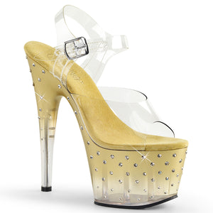 STARDUST-708T Exotic Dancing Stiletto 7" Heel Ankle Strap Tinted Platform Sandal. Clr/Gold