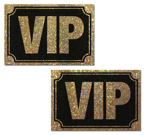 VIP: Gold Glitter VIP on Liquid Black Nipple Pasties by Pastease.