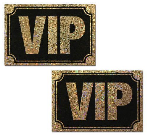 VIP: Gold Glitter VIP on Liquid Black Nipple Pasties by Pastease.